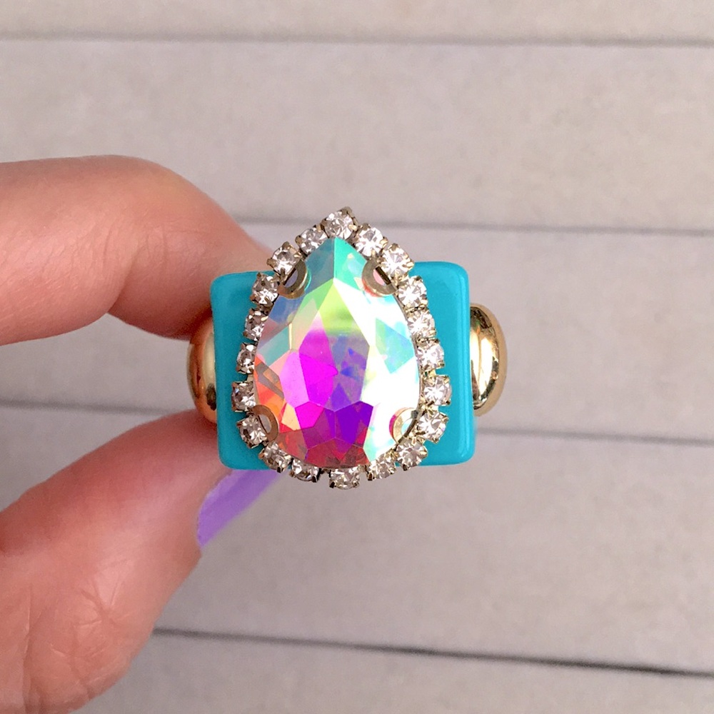 Neon Turquoise Blue + Aurora Borealis Gold Crystal Halo Pear Statement Ring